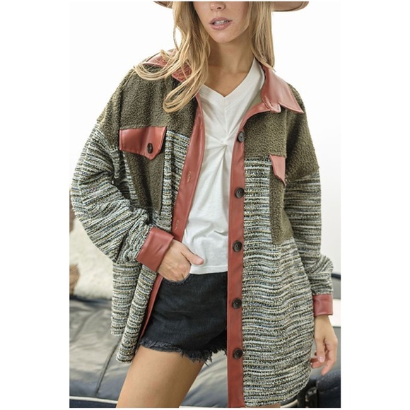 Jackets & Blazers - 08 Cozy Green Teddy Vegan Leather Textured Jacket Shacket